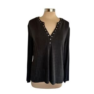 Chico's Travelers Black Slinky Knit Top Split V-neck Studded Long Sleeves XL/16